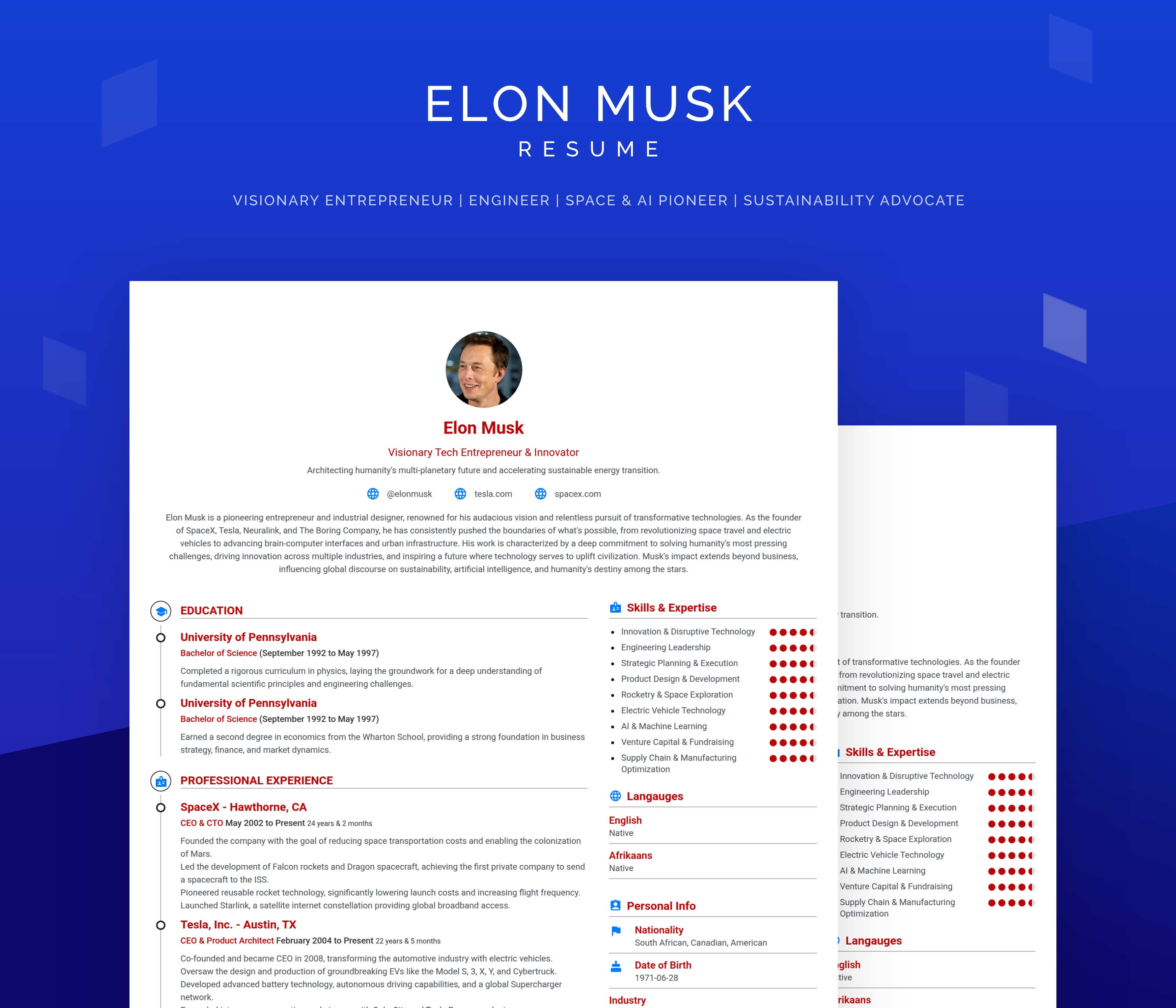 Elon Musk resume example