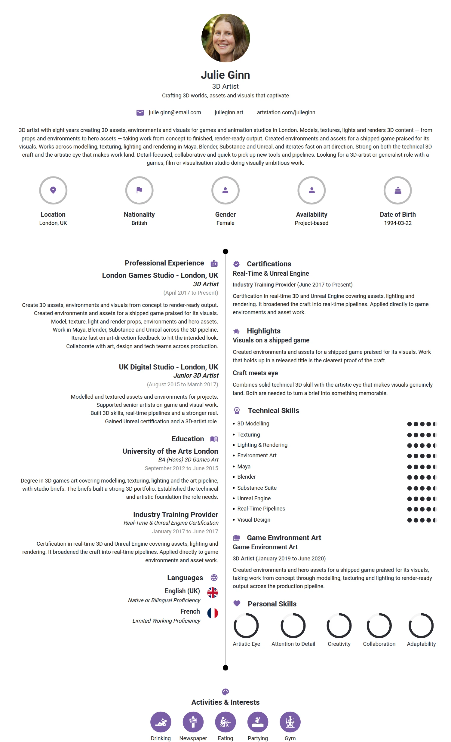 3D Artist resume example — a professionally formatted Art/Creative/Design CV sample
