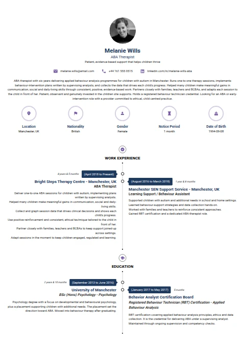 ABA Therapist resume example