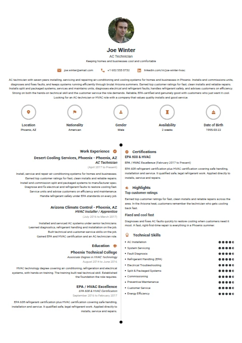 AC Technician resume example