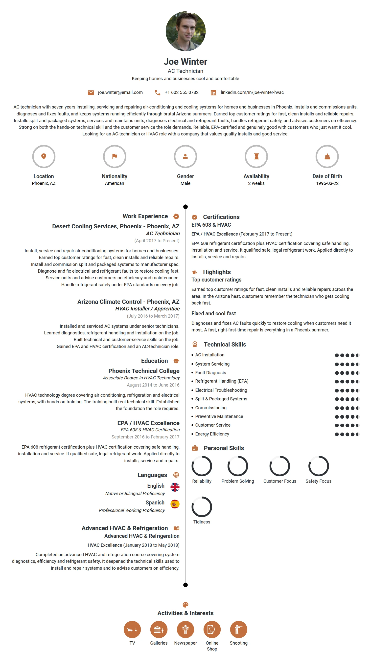 AC Technician resume example — a professionally formatted Maintenance/Repair CV sample
