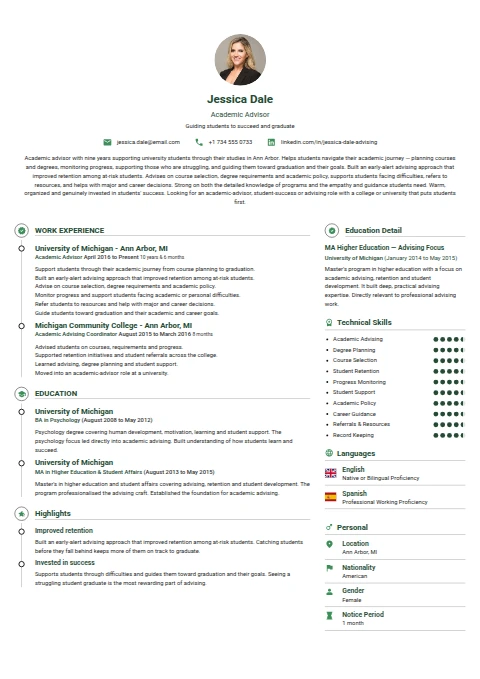 Academic Advisor resume example