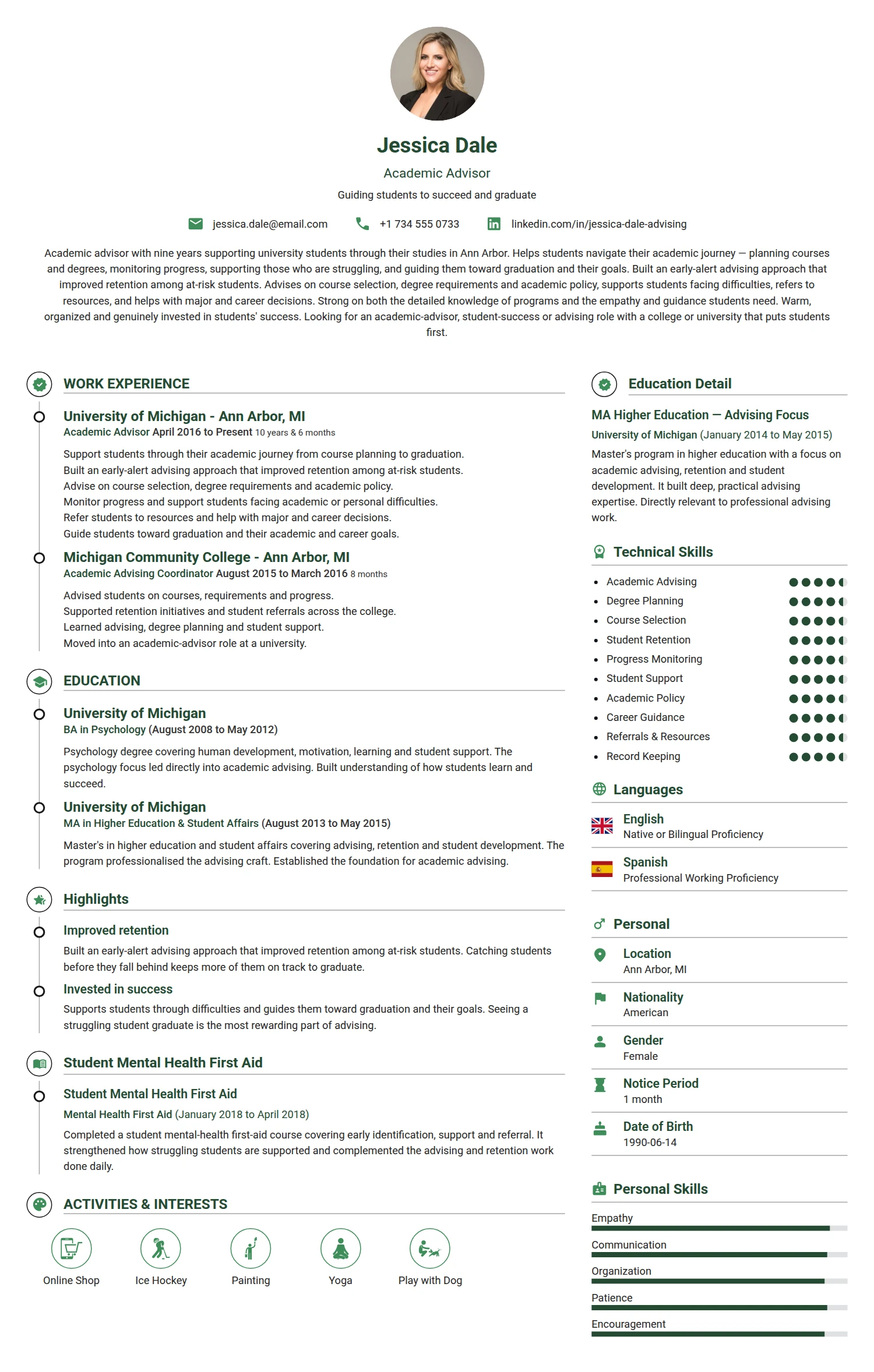 Academic Advisor resume example — a professionally formatted Education CV sample