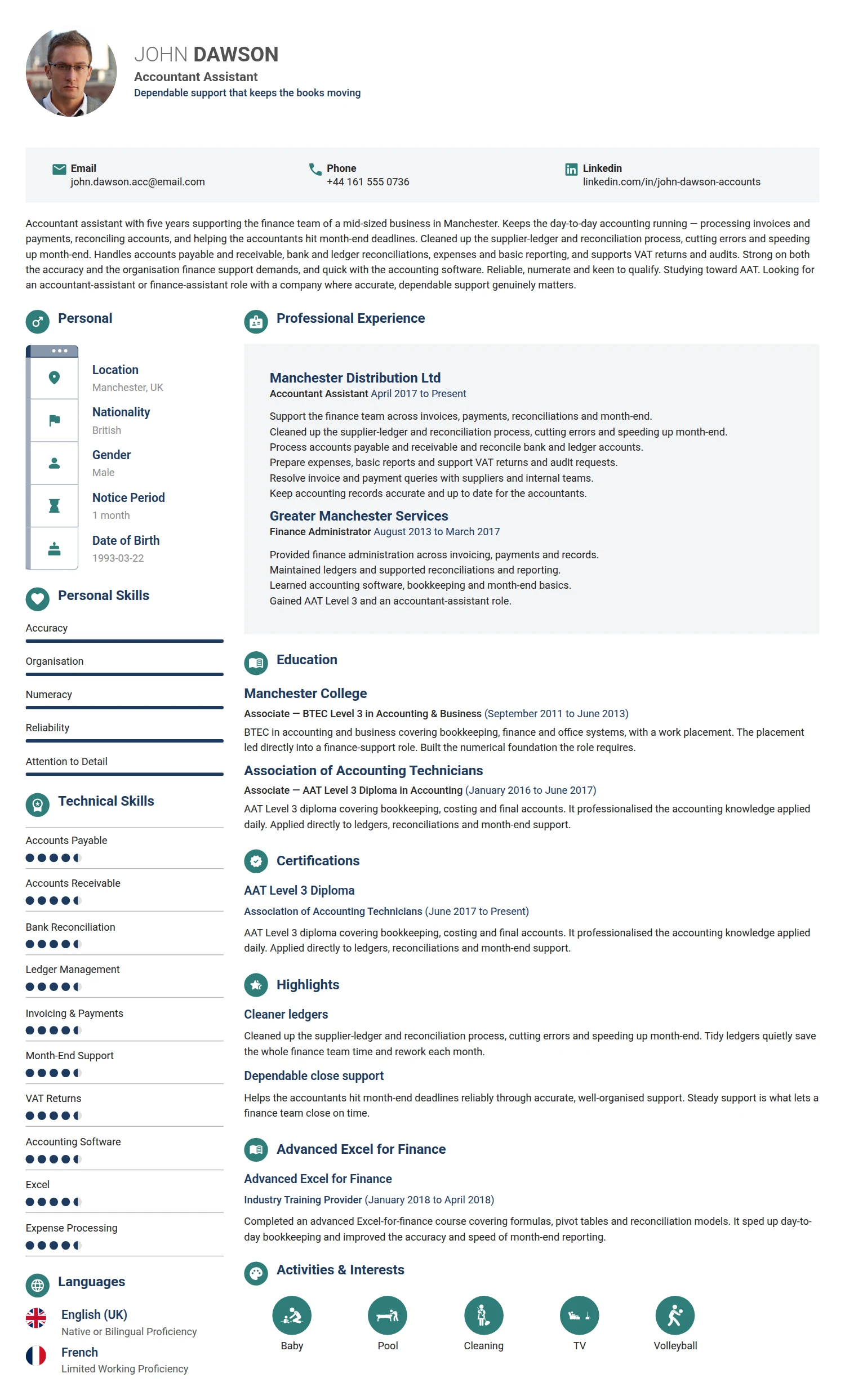 Accountant Assistant resume example — a professionally formatted Accounting/Auditing CV sample