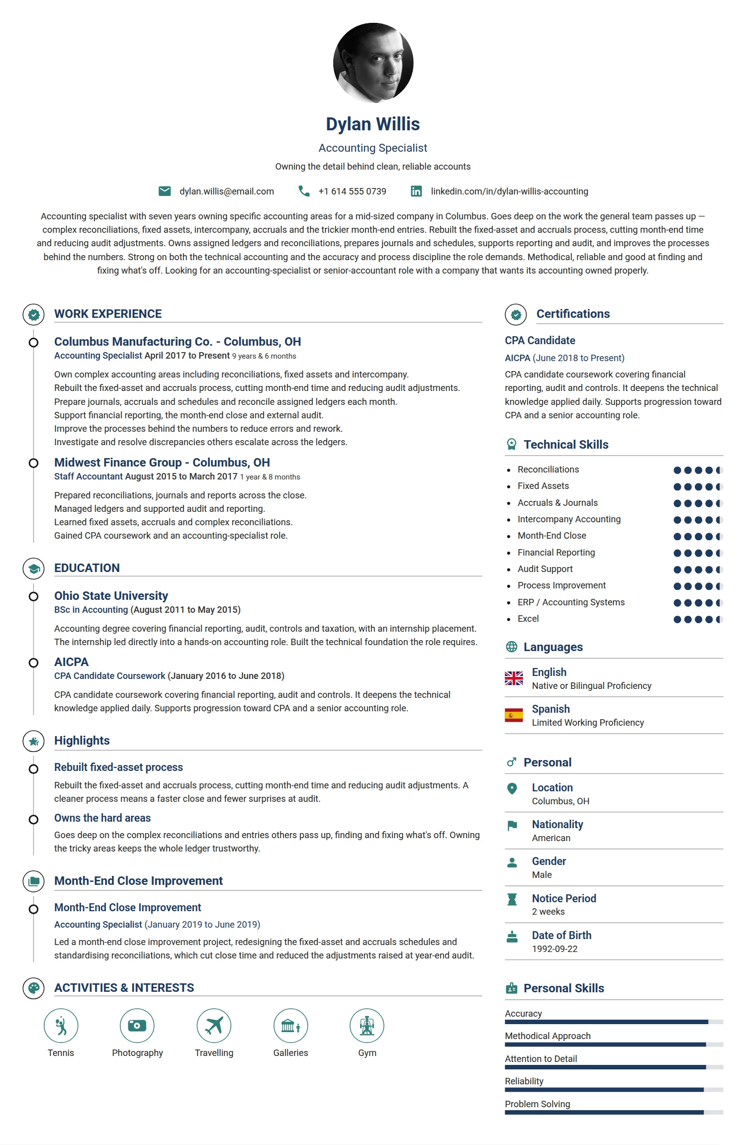 Accounting Specialist resume example — a professionally formatted Accounting/Auditing CV sample