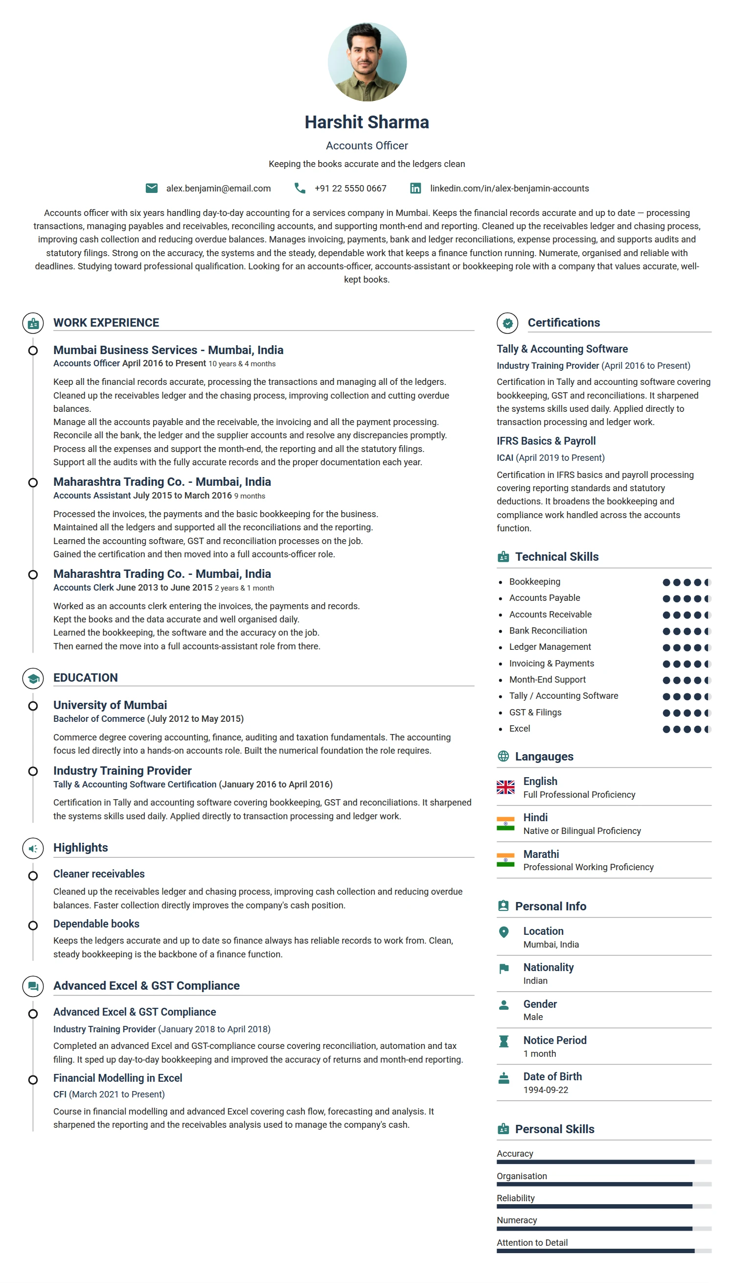 Accounts Officer resume example — a professionally formatted Accounting/Auditing CV sample
