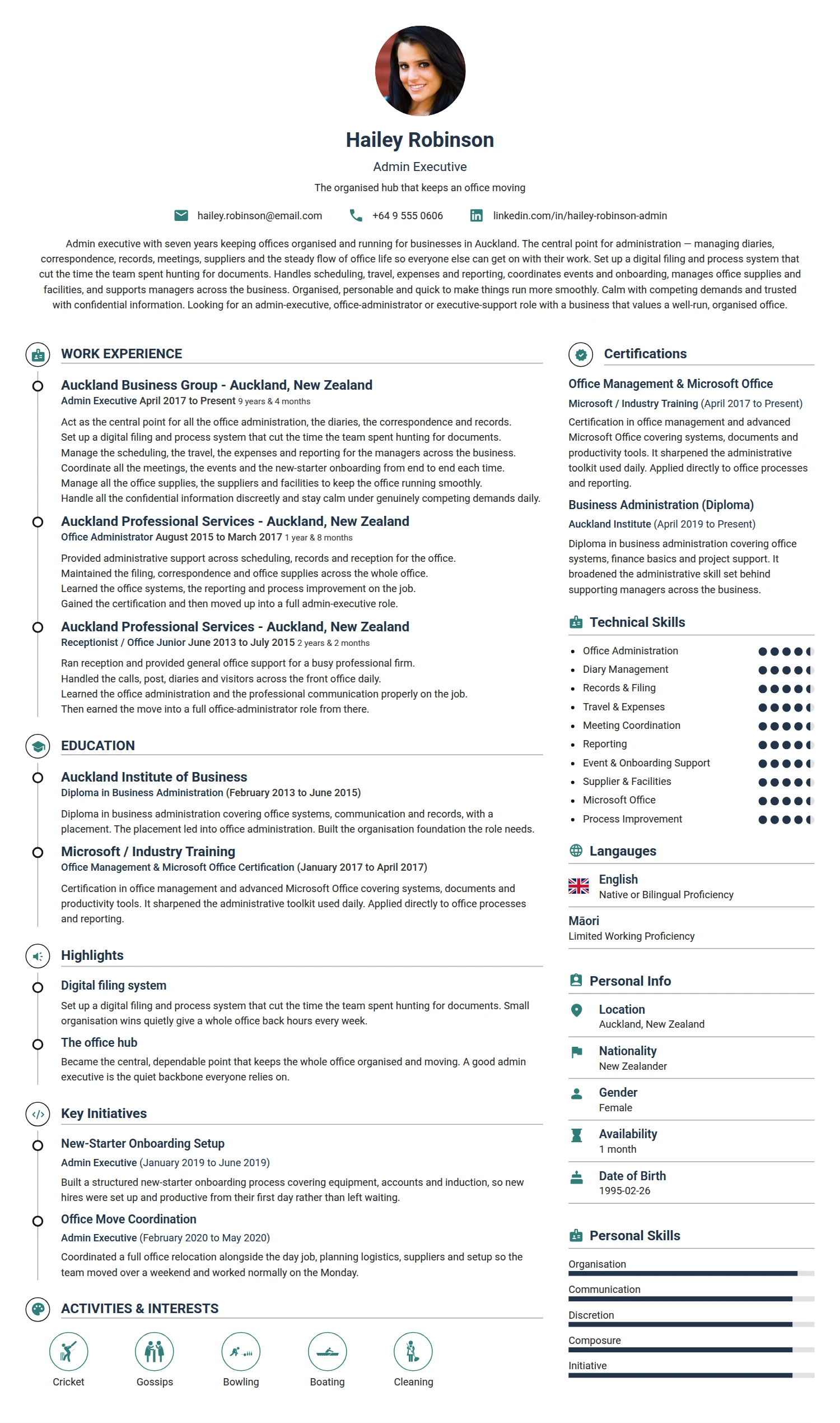 Admin Executive resume example — a professionally formatted Administration CV sample