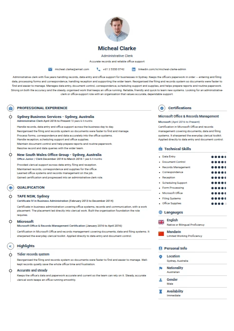 Administrative Clerk resume example