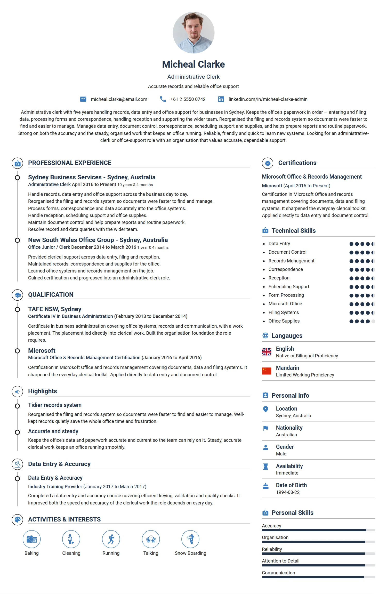 Administrative Clerk resume example — a professionally formatted Administration CV sample
