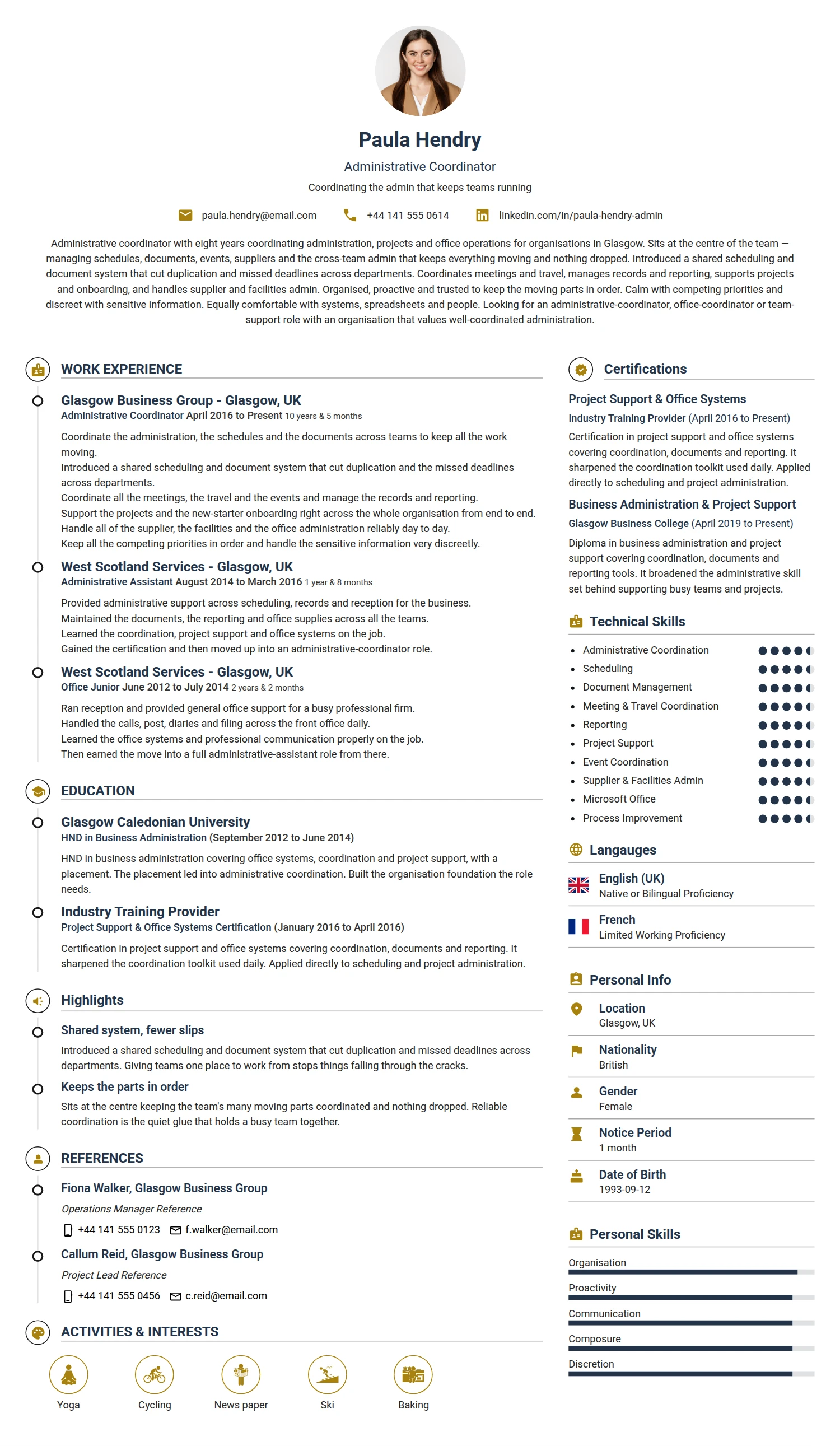 Administrative Coordinator resume example — a professionally formatted Administration CV sample