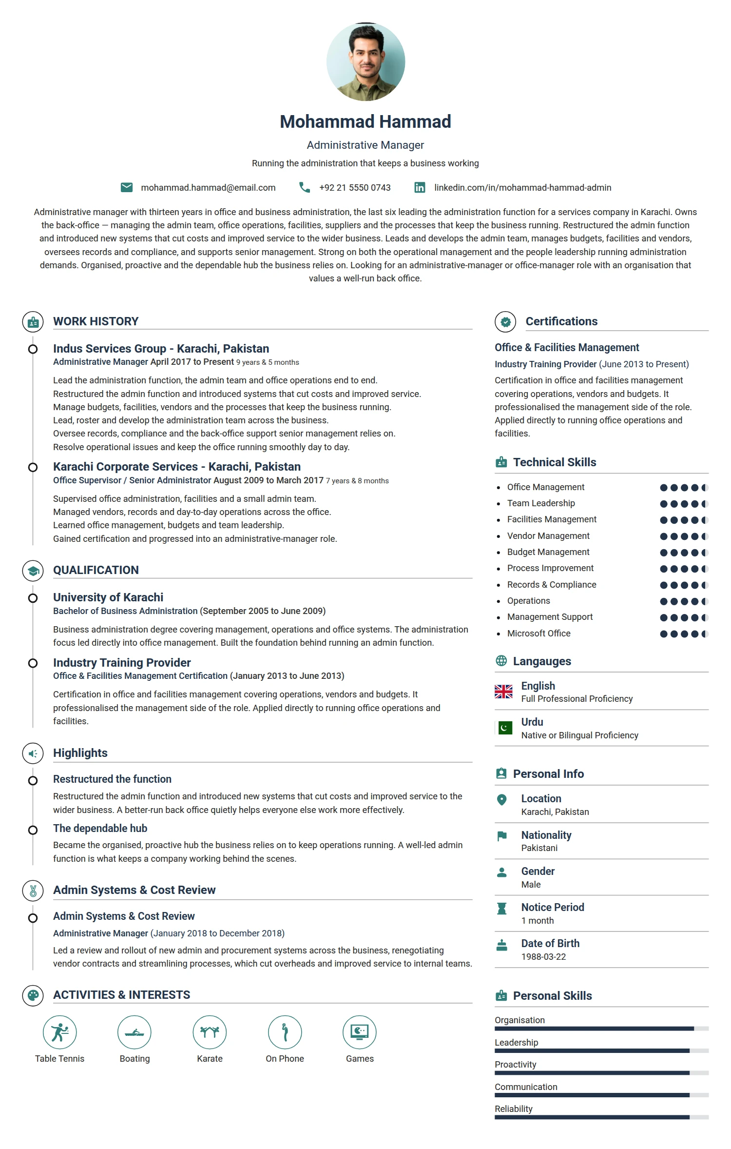 Administrative Manager resume example — a professionally formatted Administration CV sample