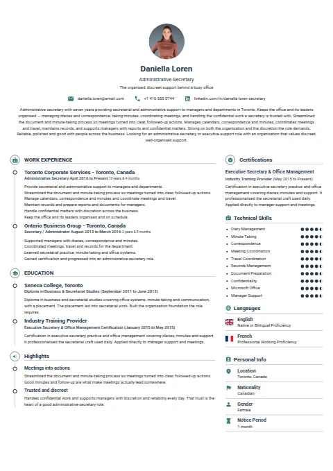 Administrative Secretary resume example