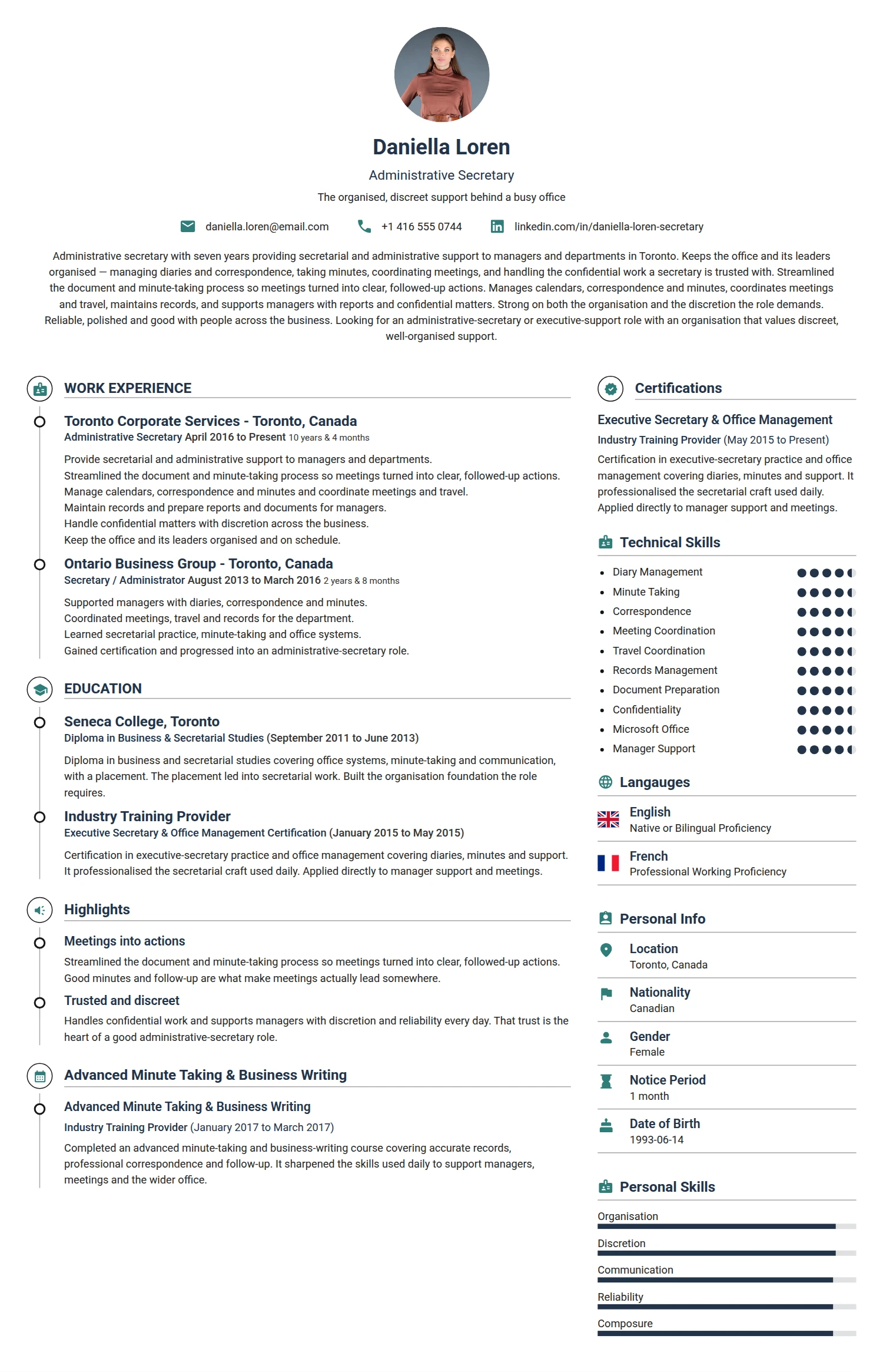 Administrative Secretary resume example — a professionally formatted Administration CV sample