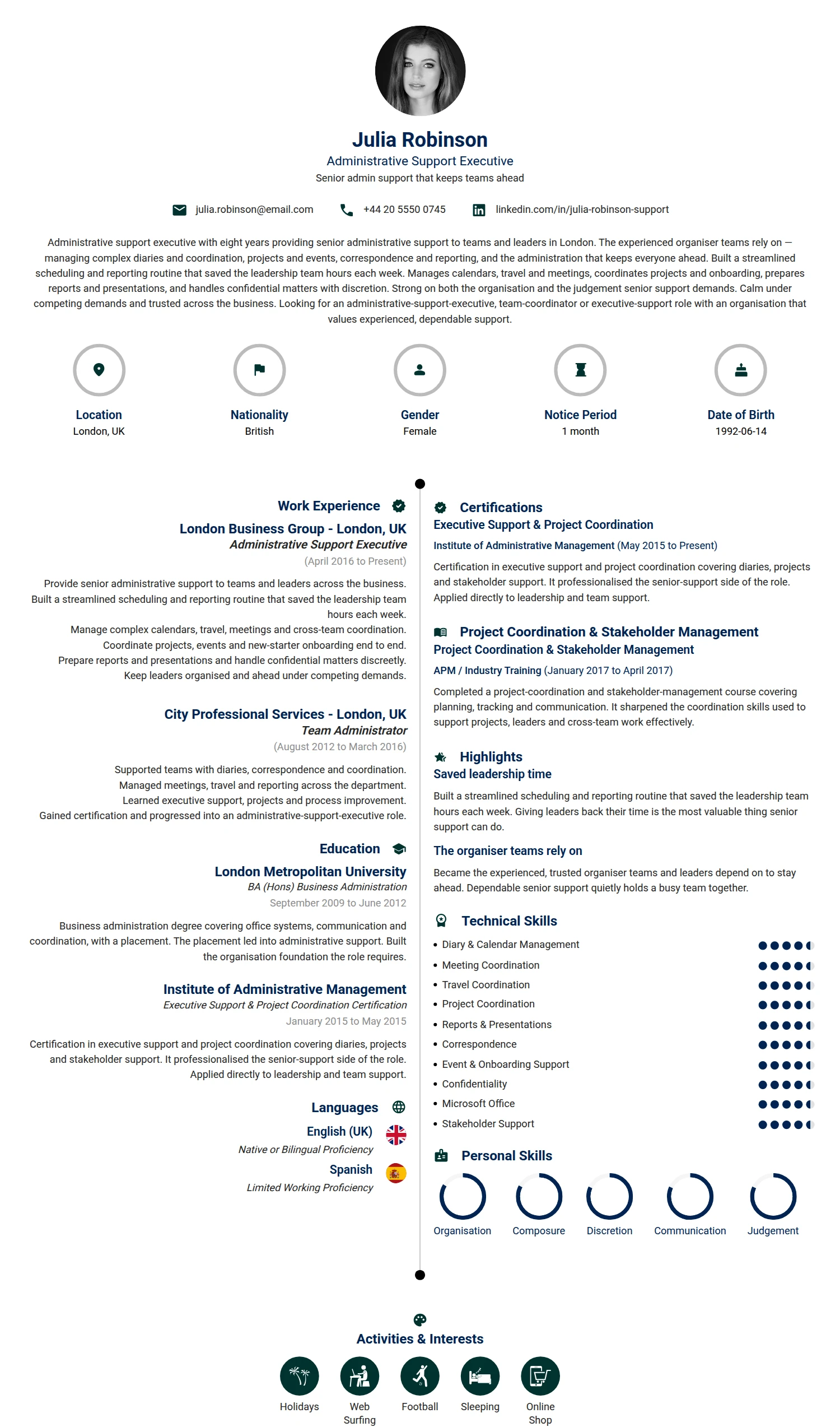 Administrative Support Executive resume example — a professionally formatted Administration CV sample