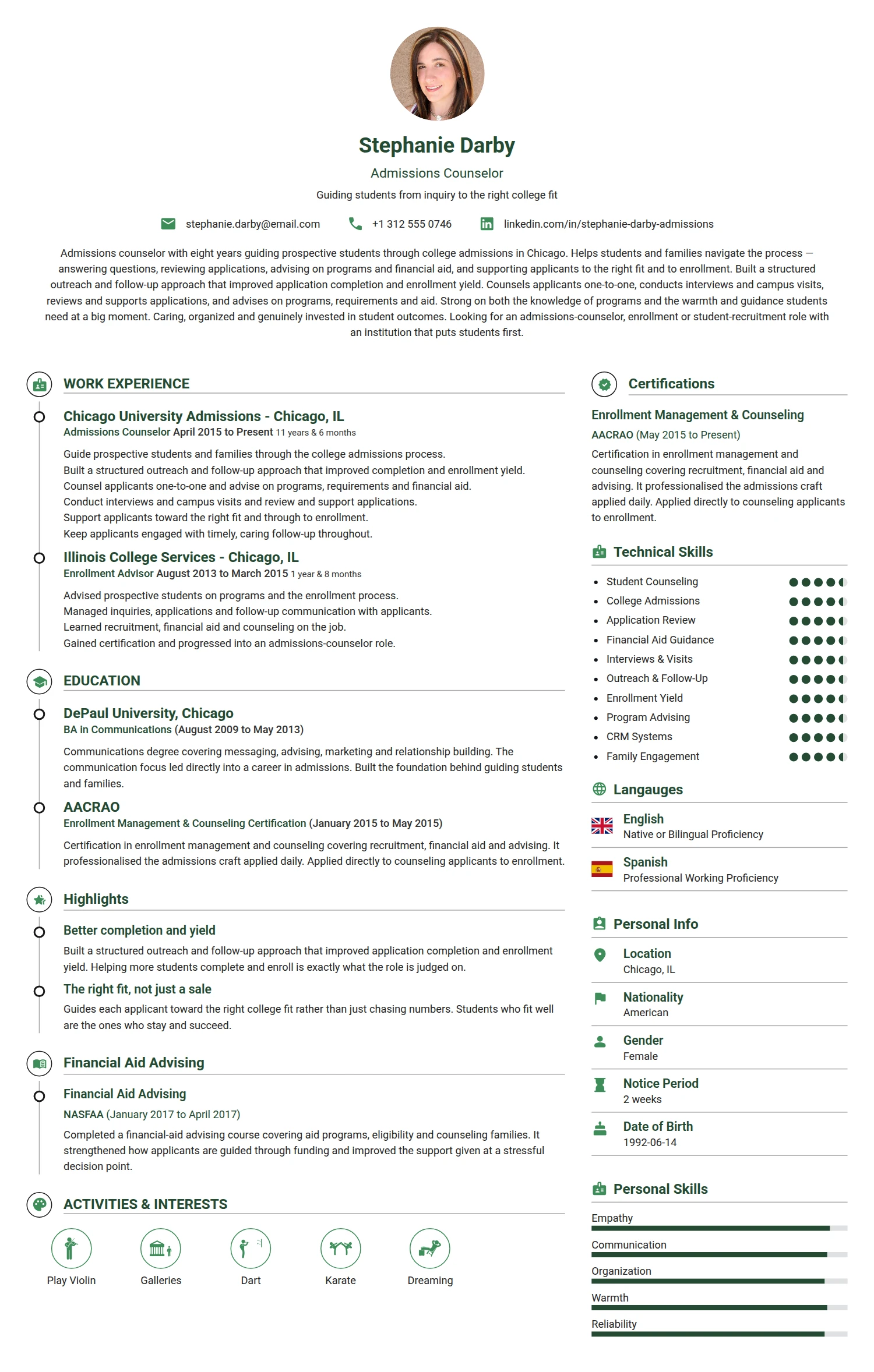 Admission Counselor resume example — a professionally formatted Education CV sample