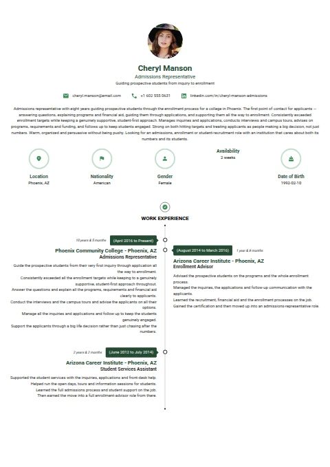 Admissions Representative resume example