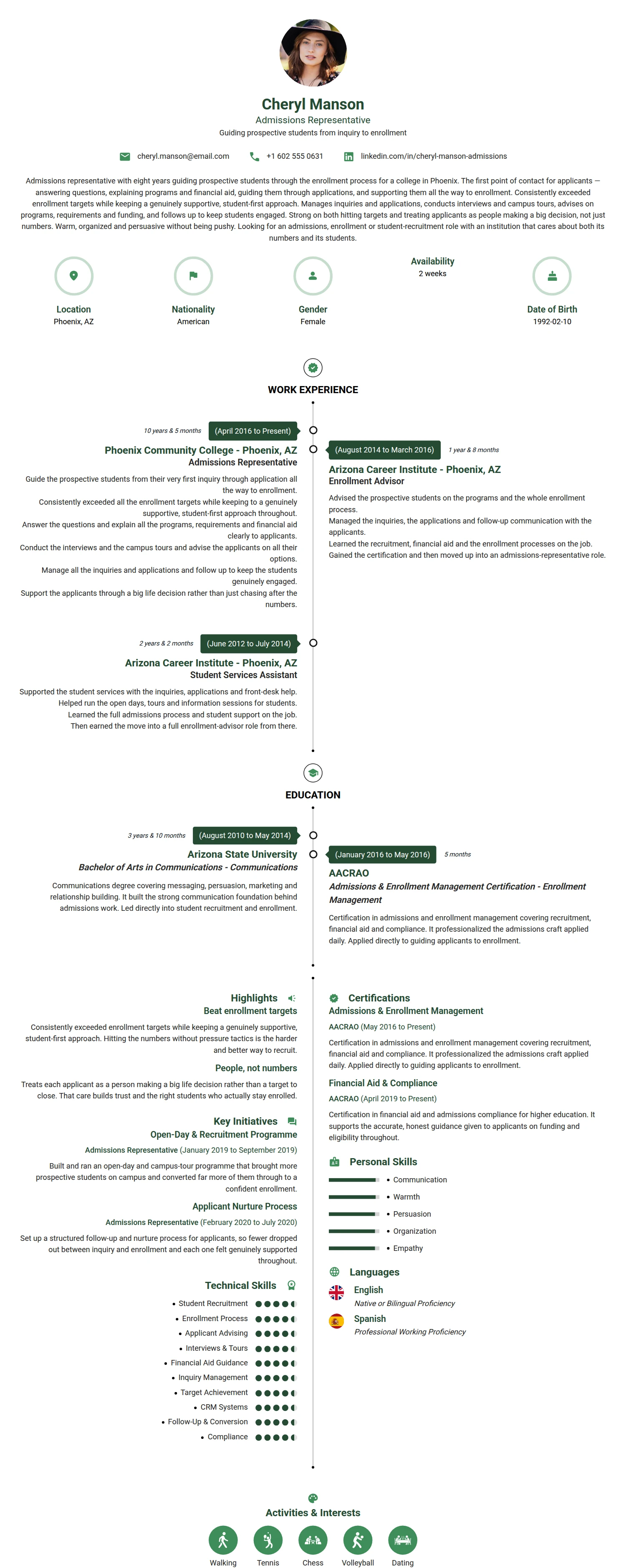 Admissions Representative resume example — a professionally formatted Education CV sample