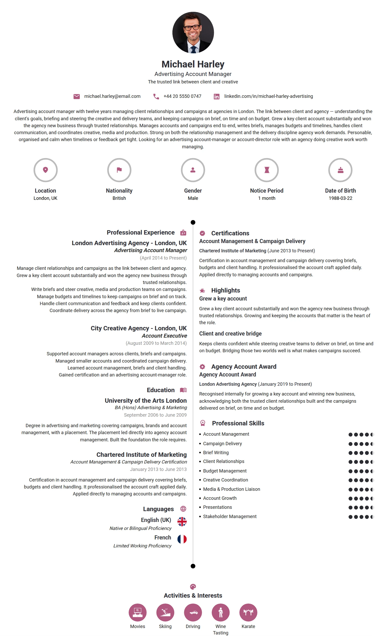 Advertising Account Manager resume example — a professionally formatted Advertising/Marketing/PR CV sample
