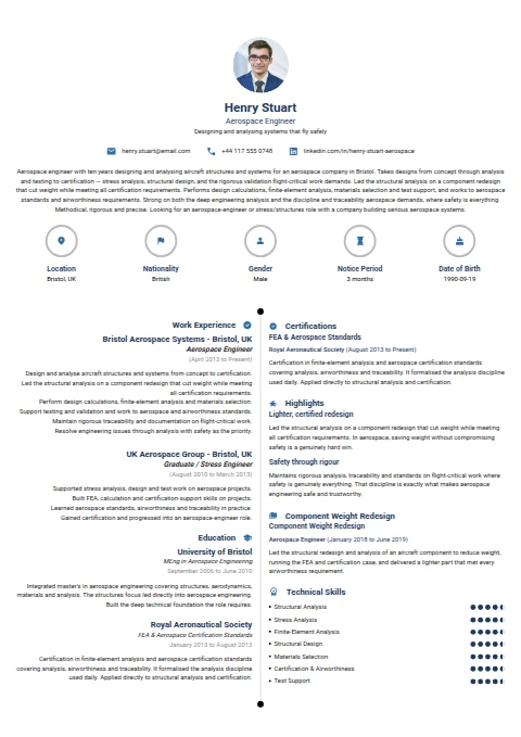 Aerospace Engineer resume example — a professionally formatted Engineering CV sample