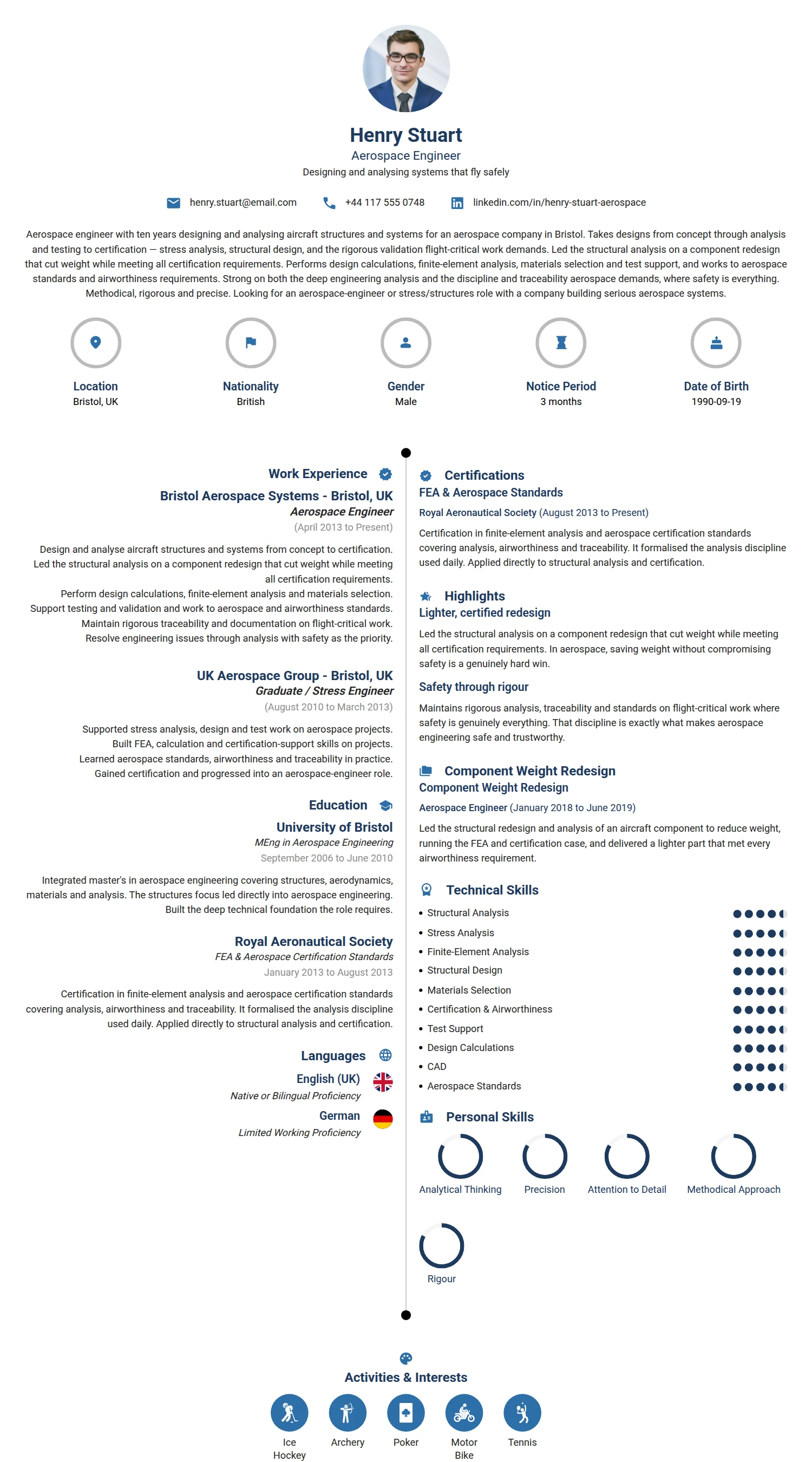 Aerospace Engineer resume example — a professionally formatted Engineering CV sample