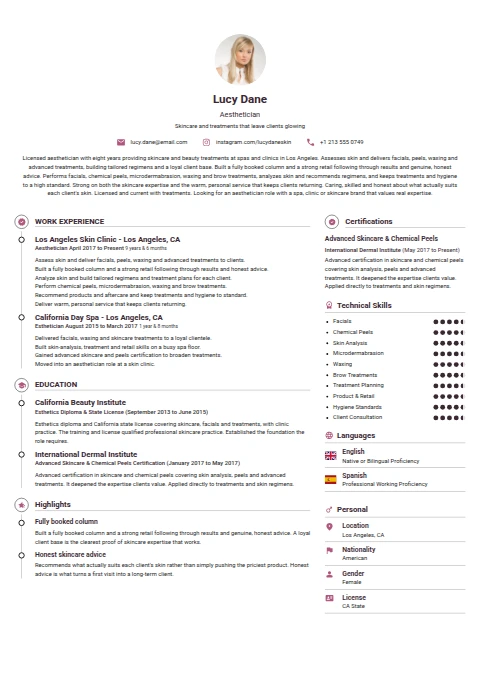 Aesthetician resume example