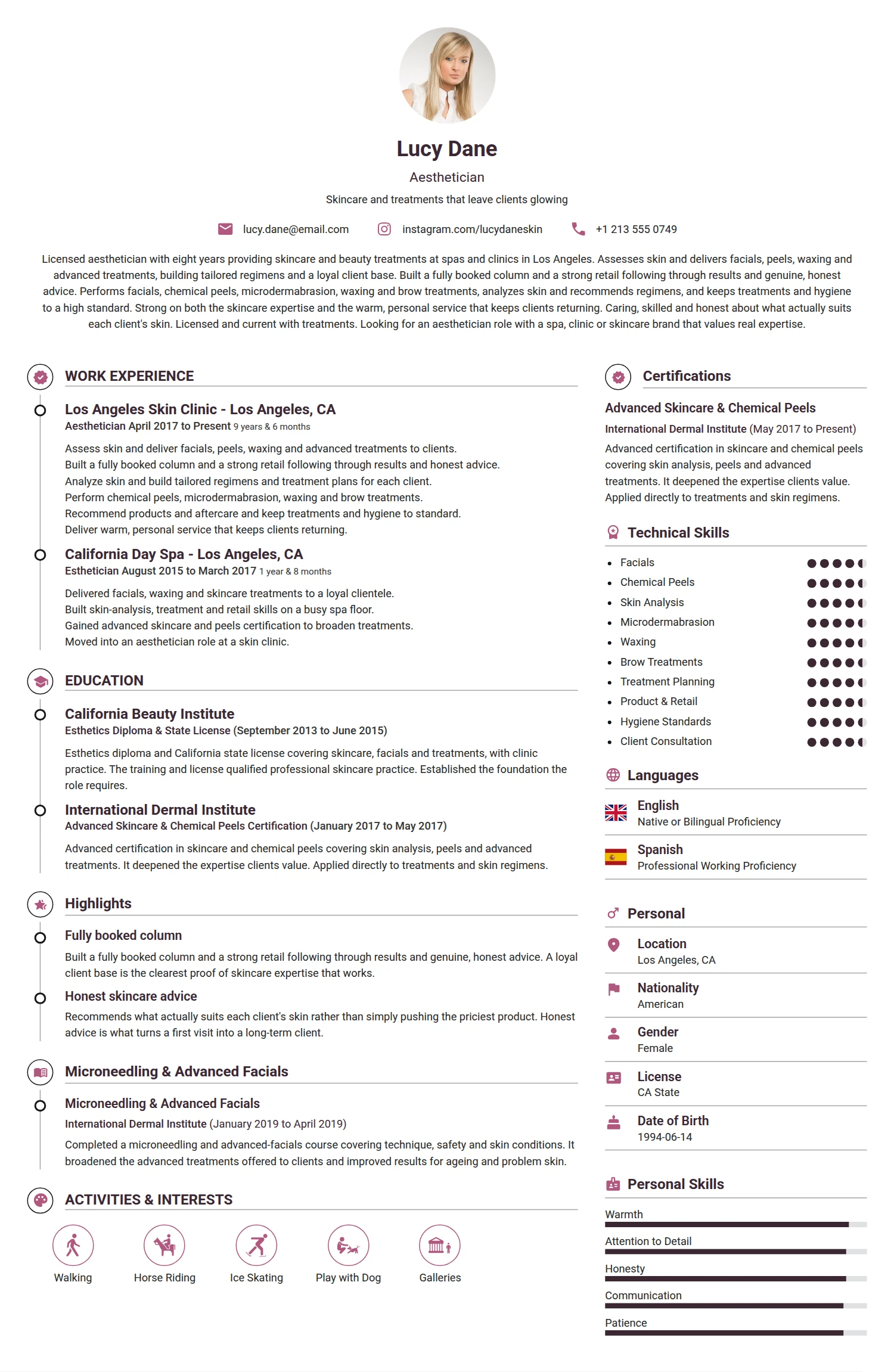 Aesthetician resume example — a professionally formatted Art/Creative/Design CV sample