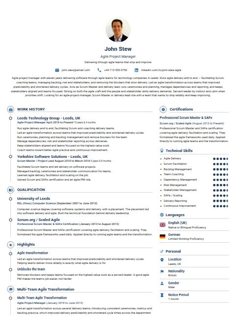 Agile Project Manager resume example