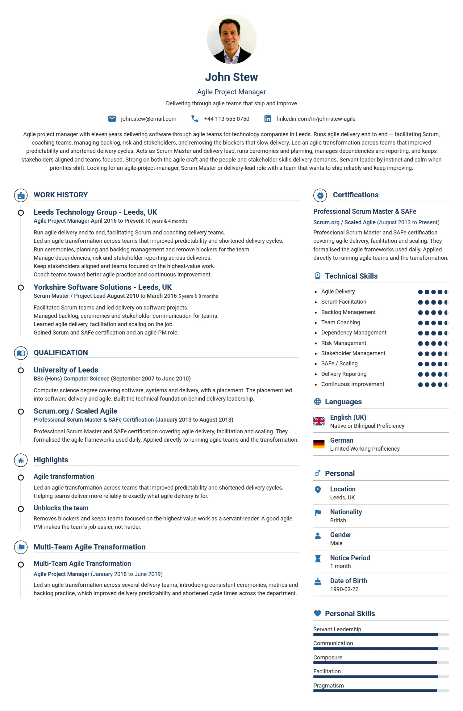 Agile Project Manager resume example — a professionally formatted Business Management CV sample