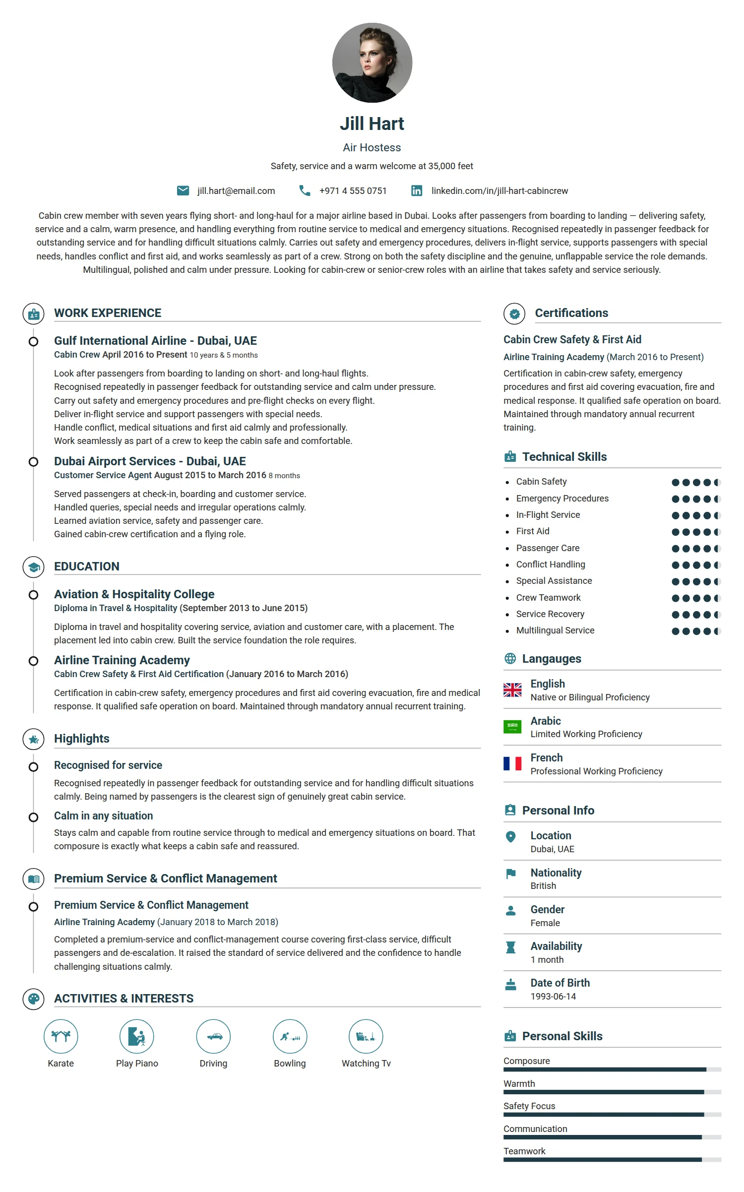 Air Hostess resume example — a professionally formatted Transportation CV sample