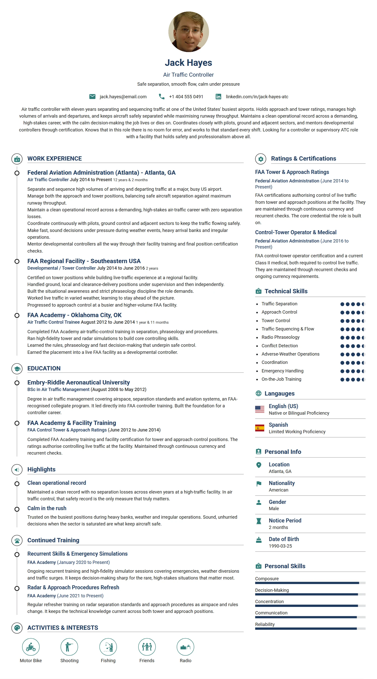 Air Traffic Controller resume example — a professionally formatted Transportation CV sample