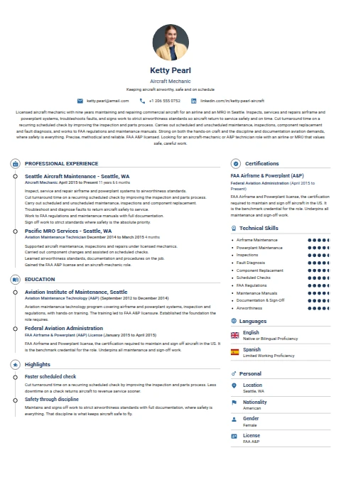 Aircraft mechanic resume example