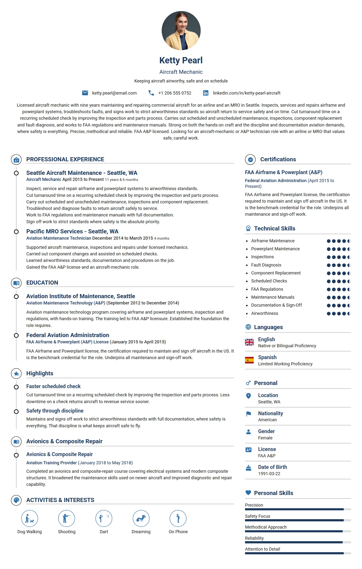 Aircraft mechanic resume example — a professionally formatted Maintenance/Repair CV sample