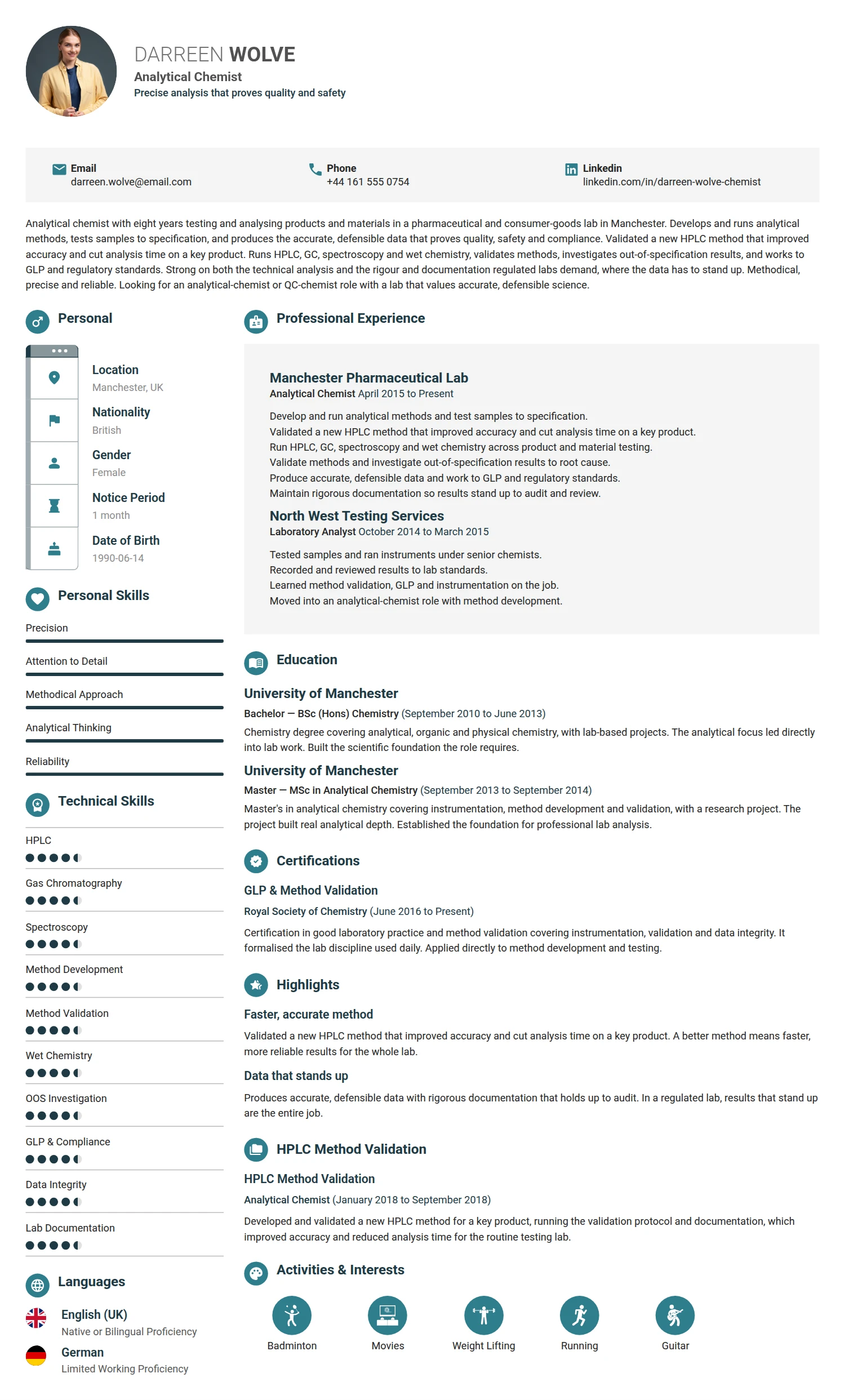 Analytical Chemist resume example — a professionally formatted Science & Research CV sample