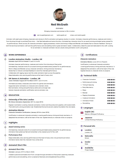 Animator resume example
