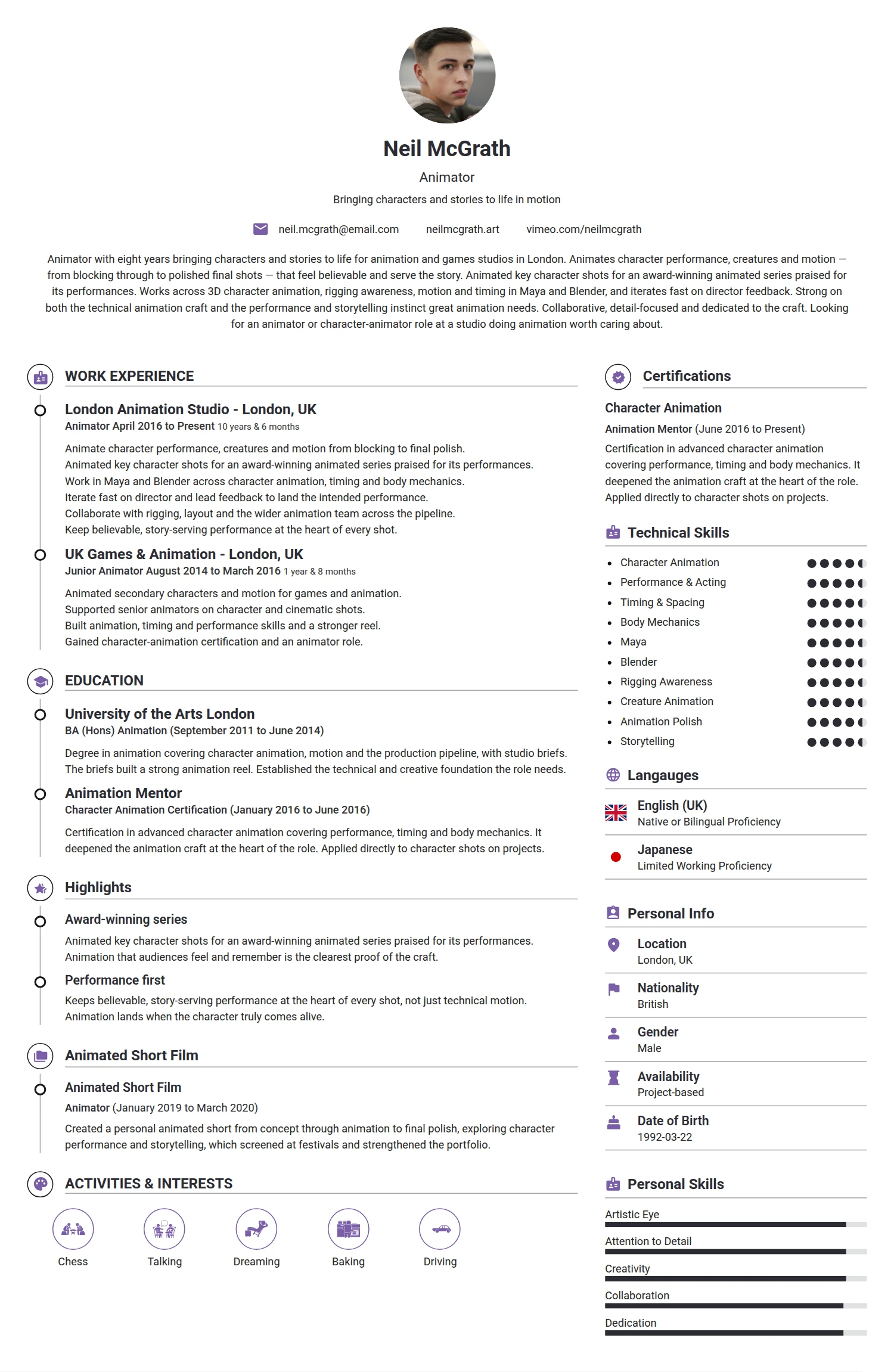 Animator resume example — a professionally formatted Art/Creative/Design CV sample