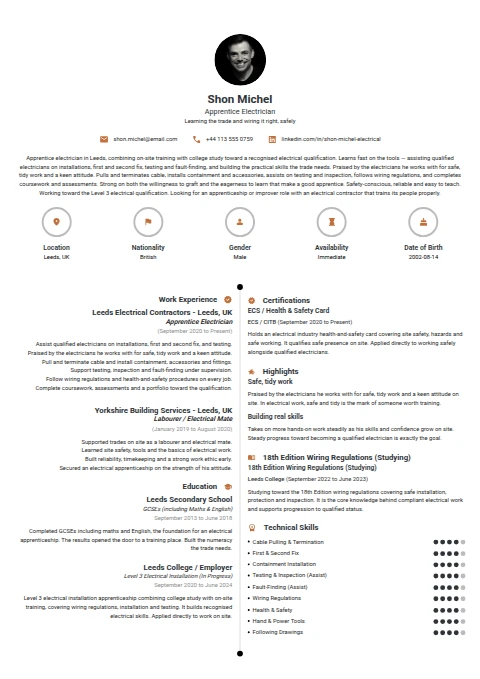 Apprentice Electrician resume example — a professionally formatted Maintenance/Repair CV sample