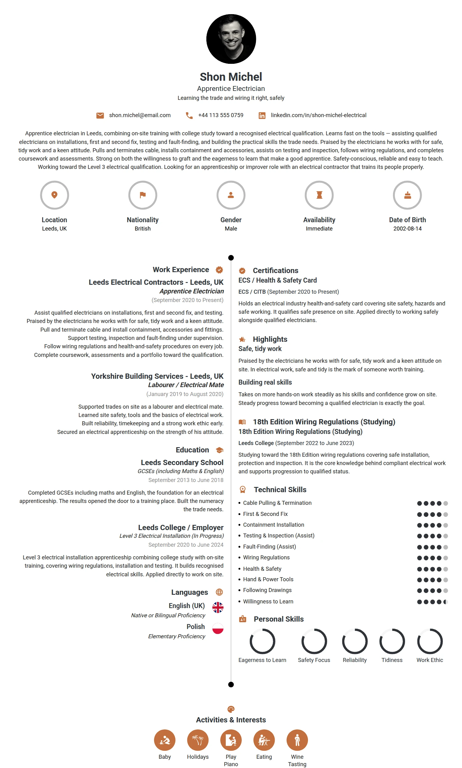 Apprentice Electrician resume example — a professionally formatted Maintenance/Repair CV sample