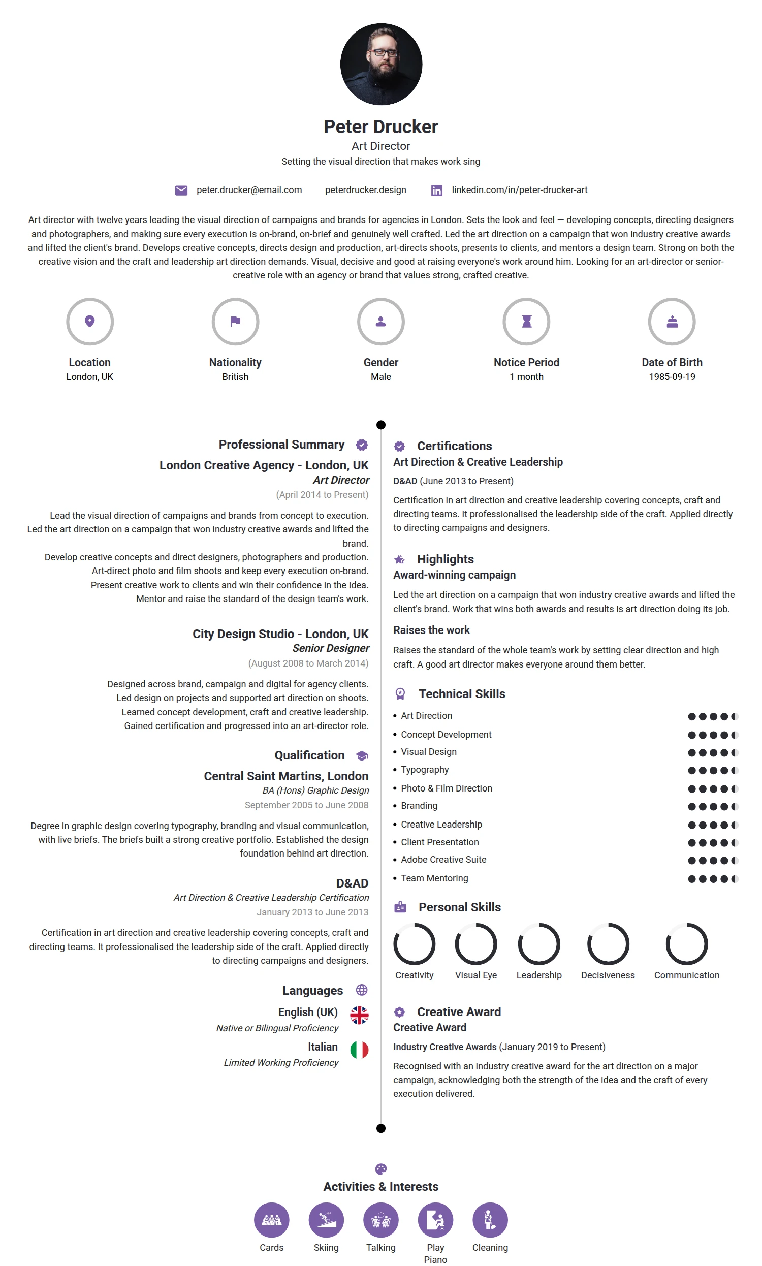 Art Director resume example — a professionally formatted Art/Creative/Design CV sample
