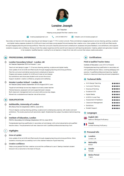 Art Teacher resume example