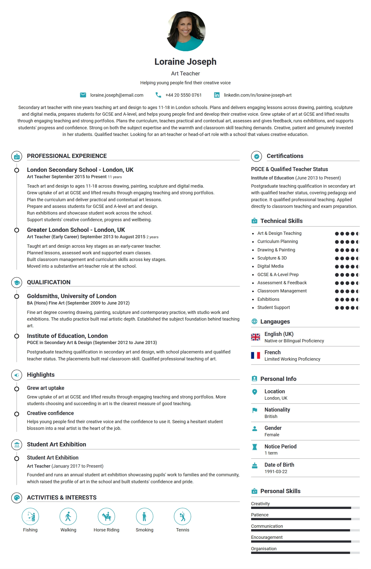 Art Teacher resume example — a professionally formatted Art/Creative/Design CV sample