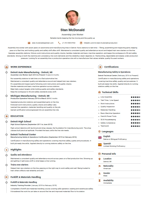 Assembly Line Worker resume example