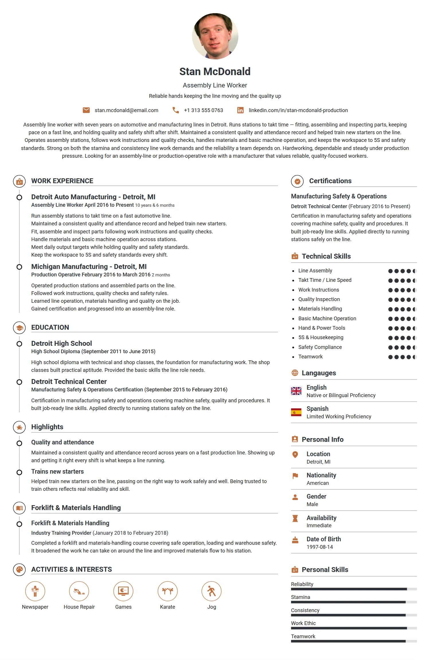 Assembly Line Worker resume example — a professionally formatted Manufacturing CV sample