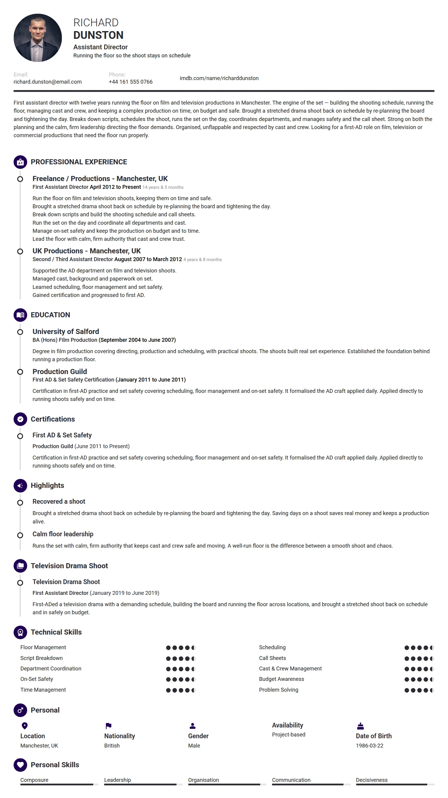 Assistant Director resume example — a professionally formatted Media/Journalism CV sample