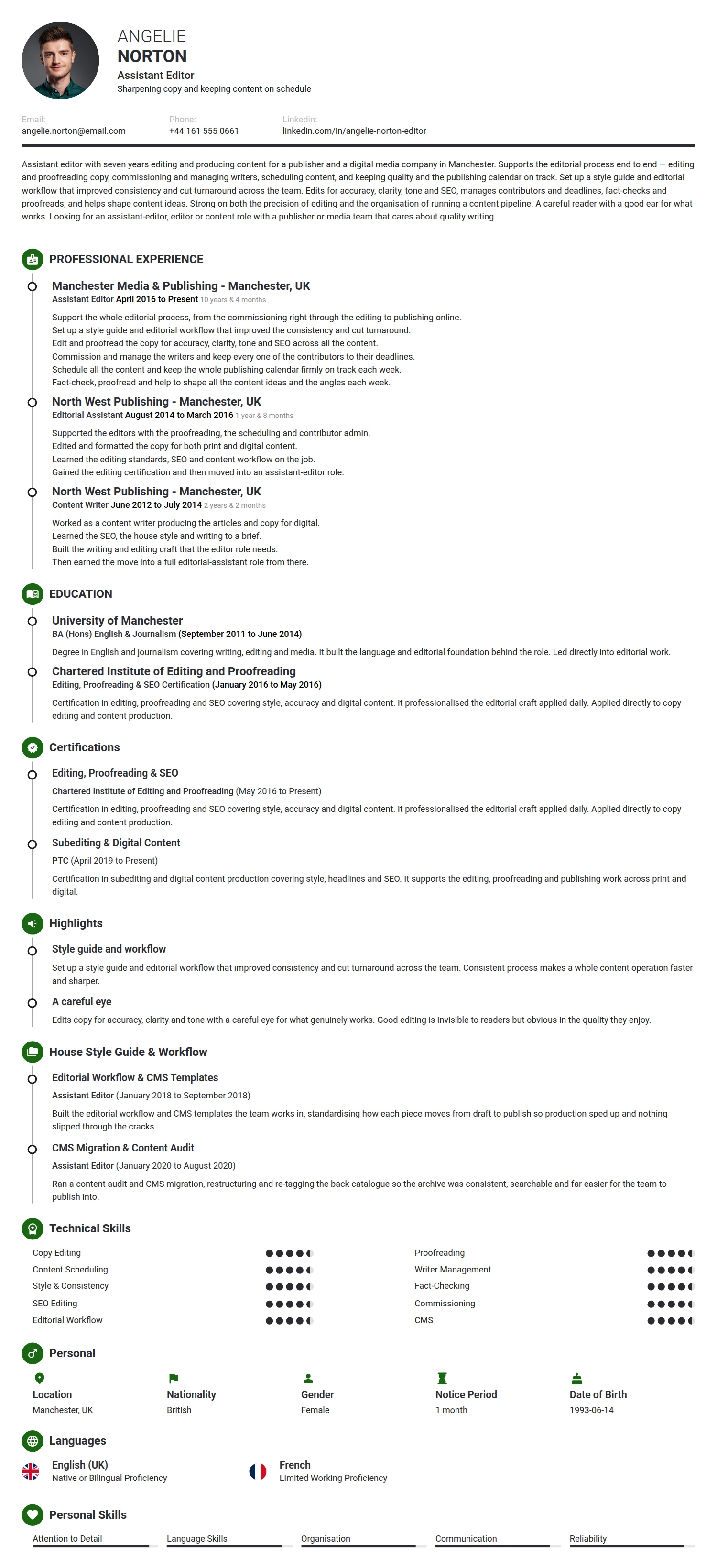Assistant Editor resume example — a professionally formatted Media/Journalism CV sample