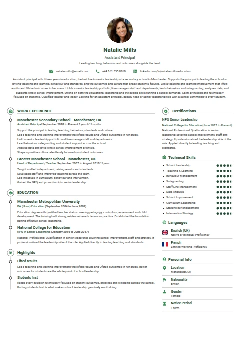 Assistant Principal resume example — a professionally formatted Education CV sample