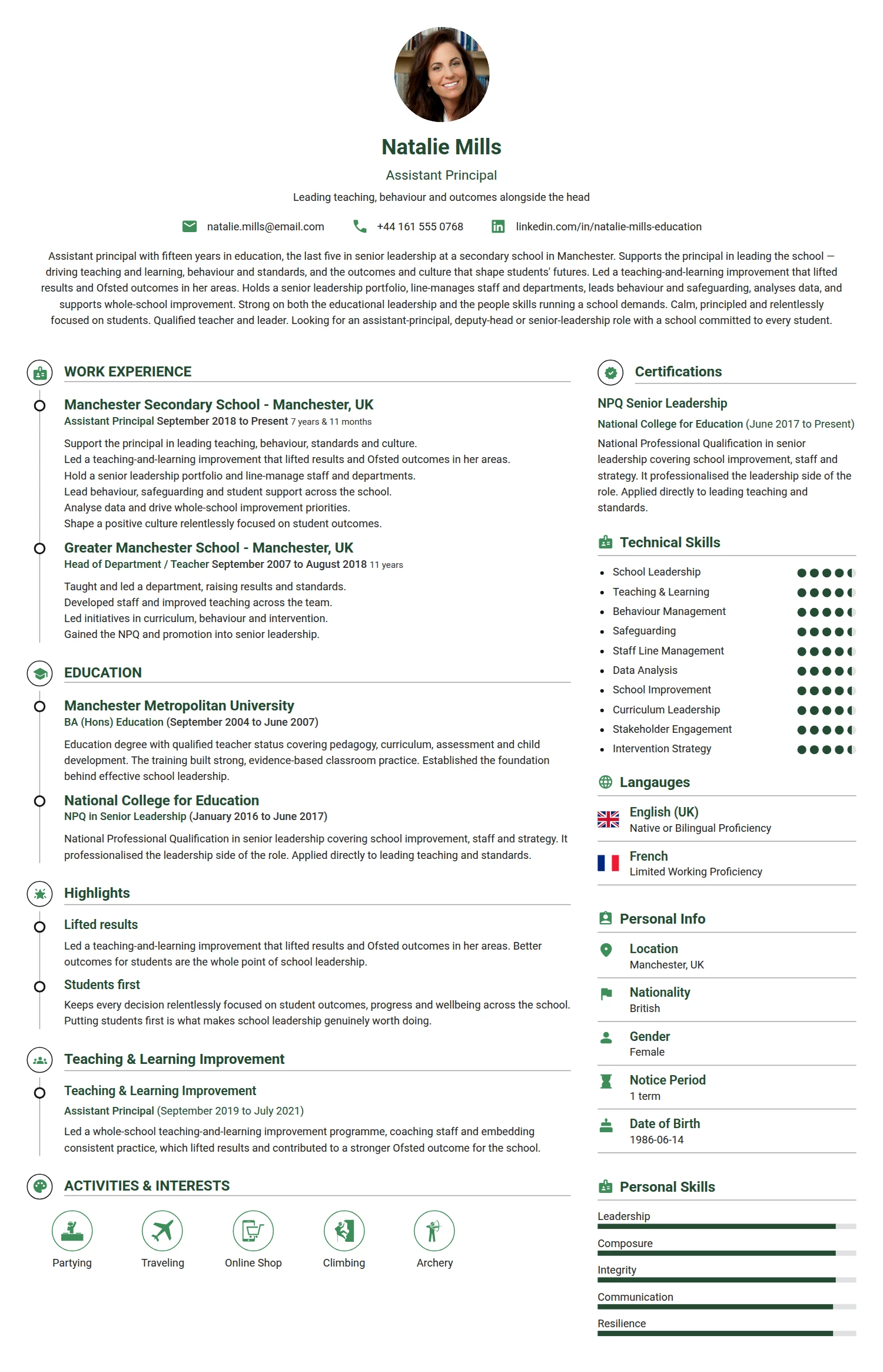 Assistant Principal resume example — a professionally formatted Education CV sample