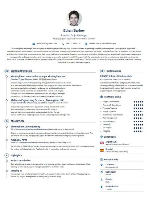 Assistant Project Manager resume example