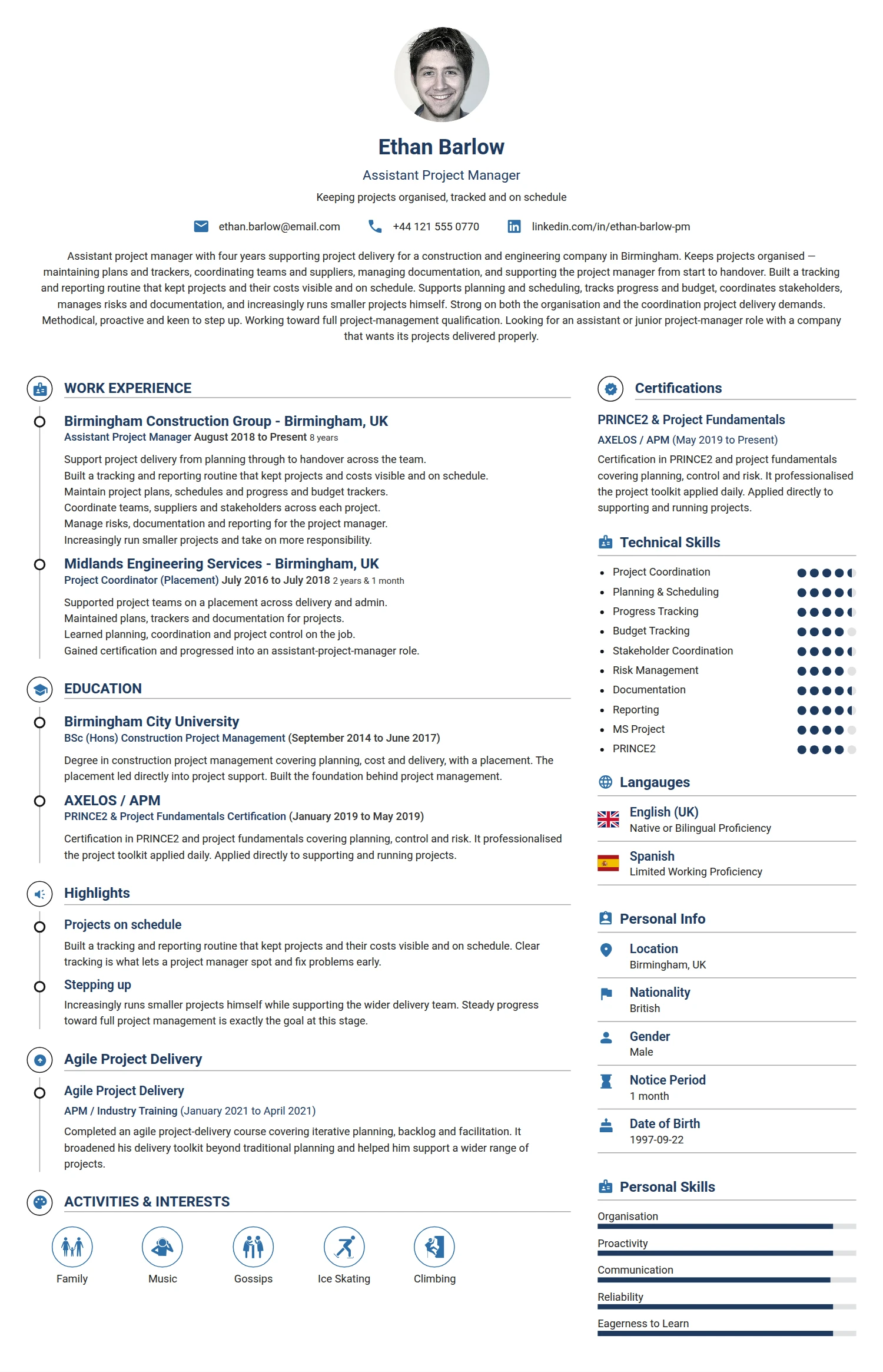 Assistant Project Manager resume example — a professionally formatted Business Management CV sample