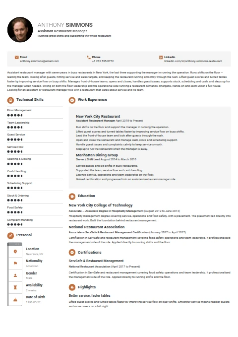 Assistant Restaurant Manager resume example — a professionally formatted Hospitality CV sample