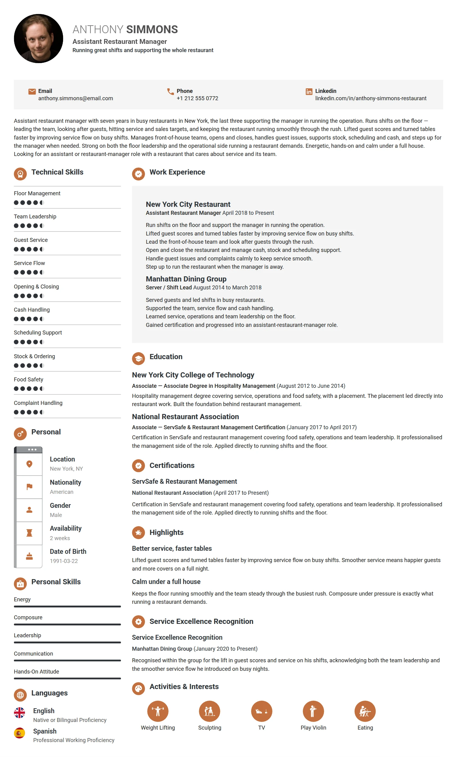Assistant Restaurant Manager resume example — a professionally formatted Hospitality CV sample